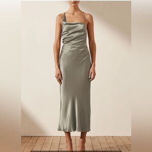 Shona Joy La Lune Asymmetrical Bias Cowl Midi Dress in Sage 4